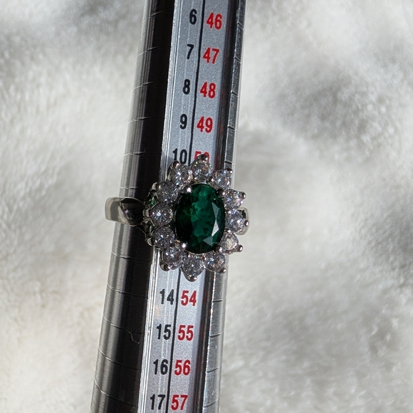 Emerald Green Oval Halo Ring | White Gold Tone | CZ Halo Statement Ring | - Picture 4 of 5